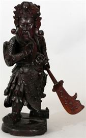 CHINESE CARVED WOOD STANDING WARRIOR WITH HALBERD, C. 1920-1960'S, H 37", W CA. 13" PLUS HALBERD, D CA. 15" PLUS HALBERD, HALBERD IS 37 1/2" LONG
Lot # 2287 