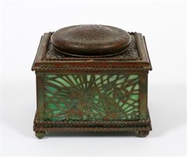 TIFFANY STUDIOS NEW YORK "PINE NEEDLE" BRONZE AND FAVRILE GLASS INKWELL, #844 H 4''
Lot # 1002 