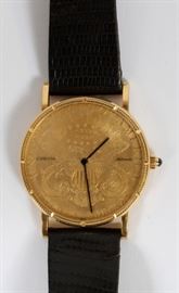 CORUM GOLD 1904 LIBERTY HEAD COIN LEATHER WRISTWATCH, L 9 1/4", D 1 1/4"
Lot # 1238  