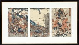 UTAGAWA YOSHIKAZU, WOODBLOCK PRINT ON RICE PAPER, UKIYO-E PERIOD, TRIPTYCH, H 13 1/2", W 9 1/2"
Lot # 1368 