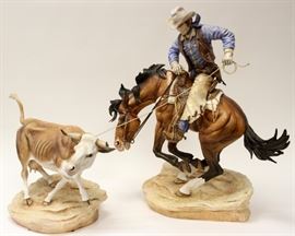 CONNOISSEUR PORCELAIN OF MALVERN, ENGLAND, LIMITED EDITION, #23/45, BISQUE PORCELAIN COWBOY AND CALF SCULPTURE, 2 PCS., "ROPER AND CALF"
Lot # 0004  