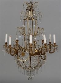 EIGHT LIGHT BRASS AND CRYSTAL CHANDELIER, H 35", D 25"
Lot # 0206 