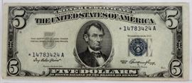 U.S. SILVER CERTIFICATE, $5.DOLLAR 1953, UNUSED *14783424 A, STAR NOTE, H 4" W 9" SLEEVE
Lot # 0320 