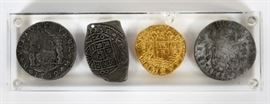SILVER AND GOLD SPANISH COLONY COINS, 18TH CENTURY, H 1", W 6", D 1 3/4"
Lot # 0326 
