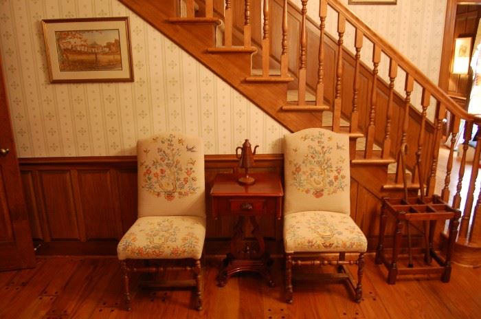 1780 upholstered with needlework chairs, umbrella stand, old single drawer stand and Old Salem tea kettle