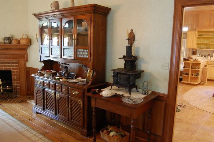 Thomasville china cabinet, toy cast iron stove, walnut table