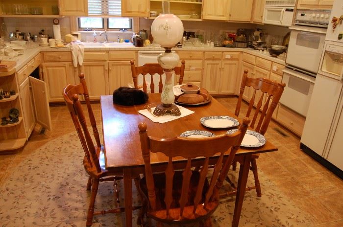 maple kitchen table and chairs, oil lamp-converted to electricity