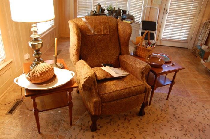 Henredon upholstered chair- Recliner, side tables, old basket