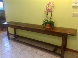 Custom Made Long Oak Table. Top folds over on both sides. (size 8' tall, 10' length, 20" w/out opening, 40"both sides opened)