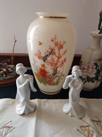 White Porcelain Japanese figurines & Painted Glass vase