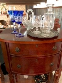 Decanter &  Stemware on  small 2 drawer side table