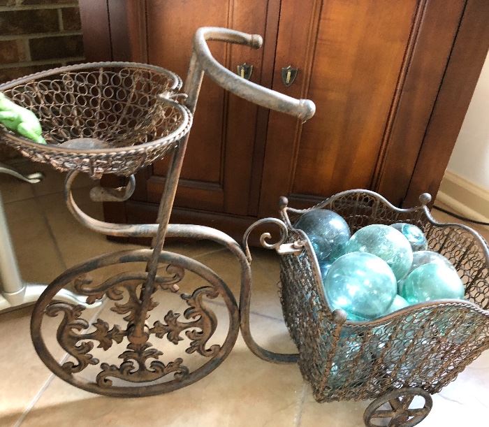 Metalwork decor tricycle planter - with vintage Japanese fishing balls