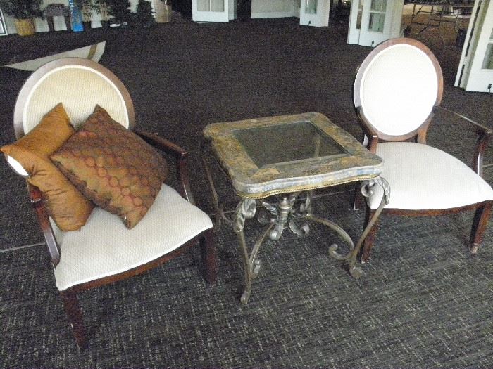 2 wide seat arm chairs, marble and wrought iron table with beveled glass....from lobby.....excellent cond.   ******$200****** Call Now for immediate appointment.  (760) 975-5483    (760) 445-8571