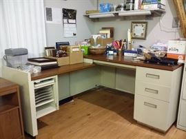 Metal desk, misc. office supplies