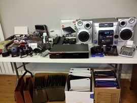 RCA stereo system, various electronics, office supplies