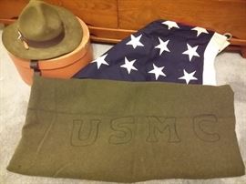 Vintage Scoutmaster hat with box, 48 star flag, vintage USMC blanket
