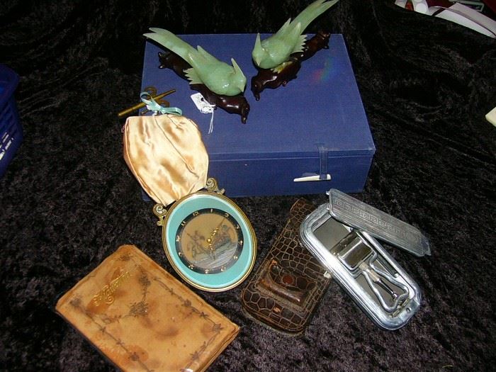 Hand carved Jade Birds with storage box, Antique Victorian Atelier Juvenia Swiss pendant clock, Antique 1899 leather Hiawatha book, Rolls Razor with case and new blades