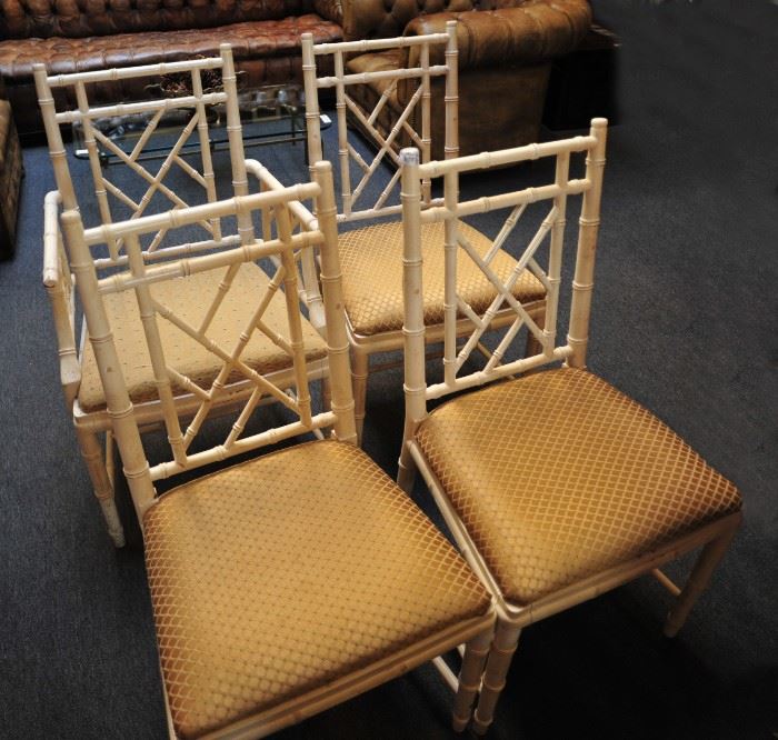 Four bamboo wicker chairs with upholstered seats