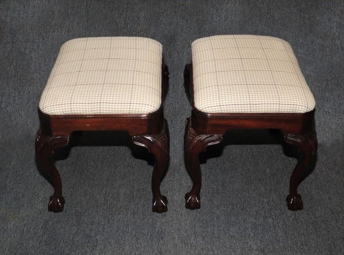 Set of Queen Anne footrests with mahogany carved legs and white & tan plaid upholstery