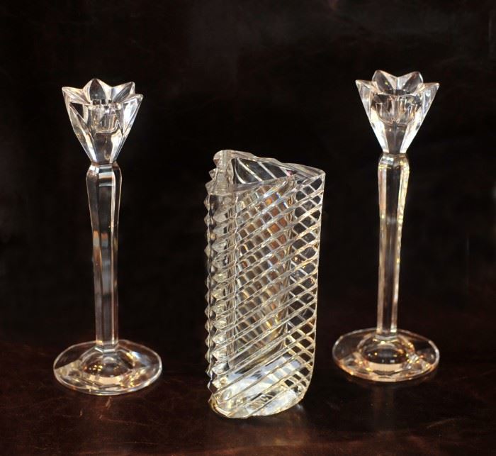 Waterford glass candlesticks with art deco vase