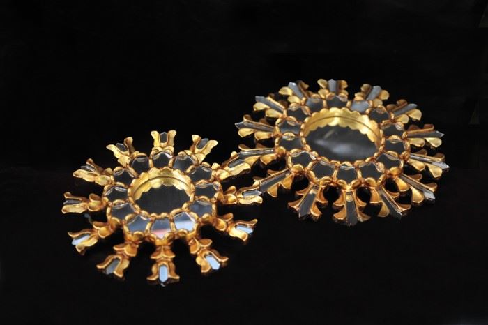 Pair of gold gilt mirrors, ~9” diameter