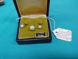 14K Gold Earrings and Necklace with Cultured Pearl ...