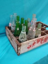 Wood 7UP Crate with Vintage Bottles