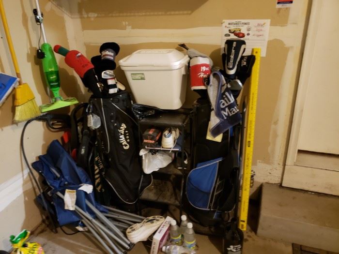 Golf clubs, coolers, cleaning, folding lawn chairs