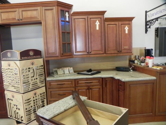 Sienna Rope Cabinets 96" w/bar top - Grey Beveled Marble Tops.