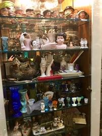 Your drinking buddies are waiting for you on the top shelf! Fun and Interesting Collectibles: Glass & Porcelain Hands, Hand Vases, Eye Cups, Vintage Compacts, One of Kind Finds...and the cabinet, too!