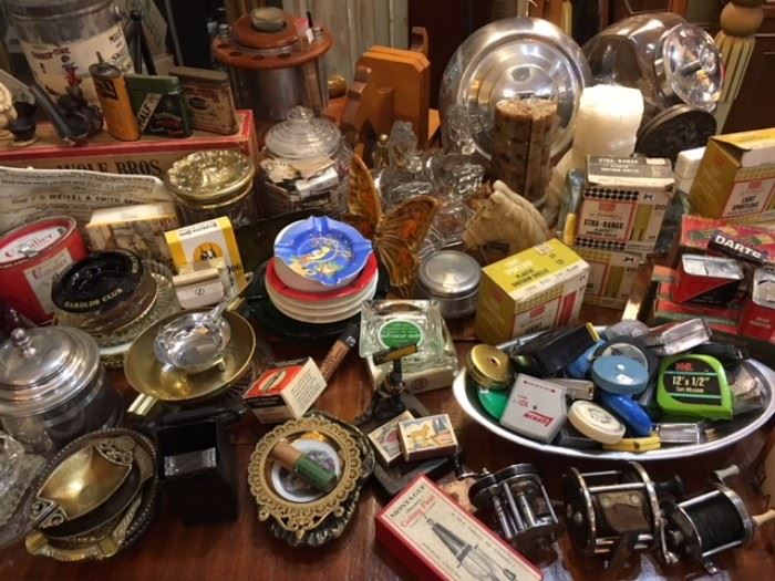 Vintage Ash Trays, Lighters, Fishing Reels, Tobacco Tins