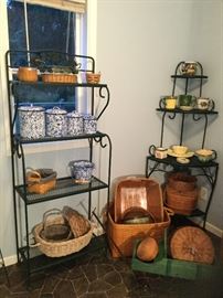 Green wrought iron bakers rack and corner racks. Longeberger basket collection 