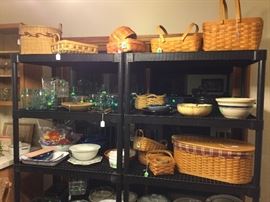 Collection of Longaberger baskets, Ball jars, Corning Ware, Pyrex, various baking pans