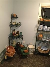 Wrought iron corner shelf unit. Vintage jug collection.