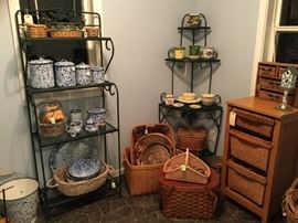 Blue spatterware enameled canister set, creamer and sugar, large bowl and tray, colander