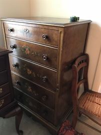#7	antique 5 drawer chest w painting on front and a key 26x19x44	 $200.00 	