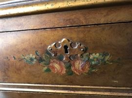 #7	antique 5 drawer chest w painting on front and a key 26x19x44	 $200.00 	