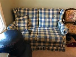 #65	Jordan Marsh Blue Plaid loveseat 54" wide	 $40.00 	