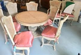 French Provincial dining table w/ leaves, pads & 8 chairs