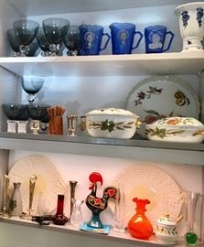 *Belleek Neptune 29 Piece tea Set
3 (8) piece sets plus serving dishes. 
*Royal Worcester Evesham serving pieces
*Vintage Shirley Temple blue glass pitcher & cup