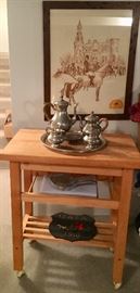 Butcher block cart 
5pc Pewter tea set