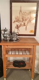 Butcher block table & 5 Pc Pewter tea set