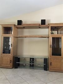 Entertainment center, 3 sections, middle section, lighted, approx  88 inch long