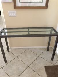 Sofa table, metal legs and glass top,   approx 47 inch long, 16 inch deep and 30 inch ht