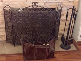 Iron fire screen with leather fire log holder 