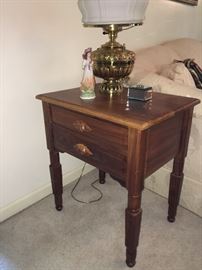 Antique walnut tables, converted oil lamps, Clayton Marcus sofa