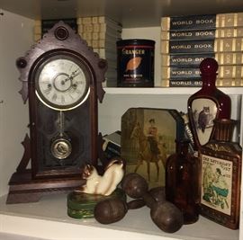 Vintage 1940 wooden hand weights, walnut kitchen clock, books