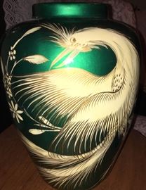 Large highly decorated emerald green vase