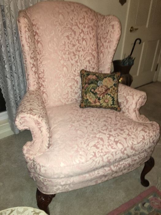 Pink damask wing back chair