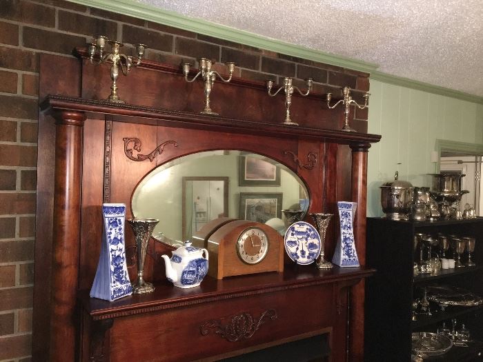 Mantle clock, blue and white china candlesticks, plates, silver plate vases
